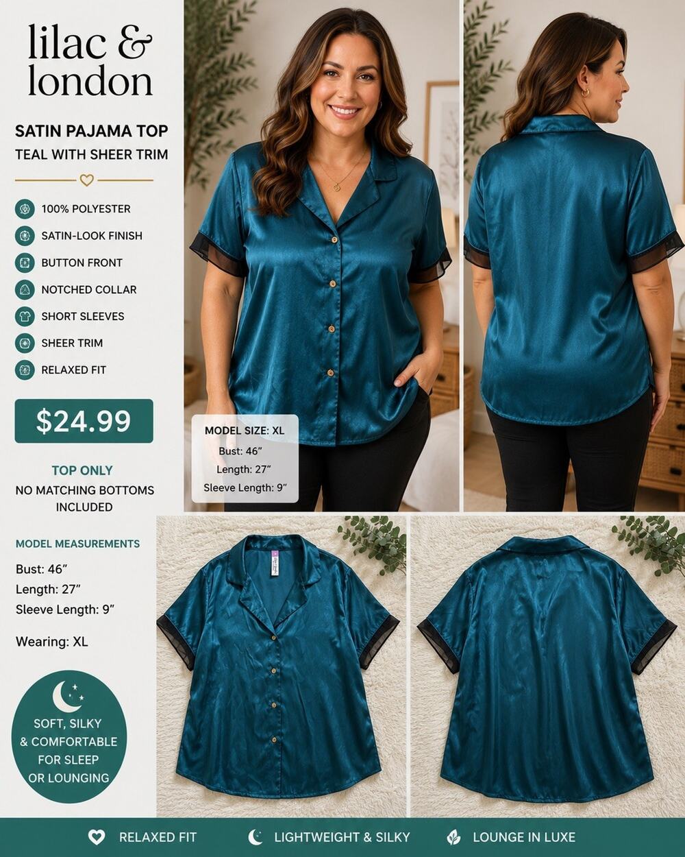 Lilac & London Women’s Teal Satin Pajama Top Black Trim Button-Up Collared XL